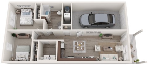 a 3d rendering of a floor plan with a car